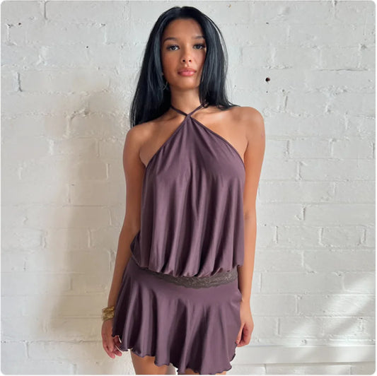 Pure Color Halter Mini Dress