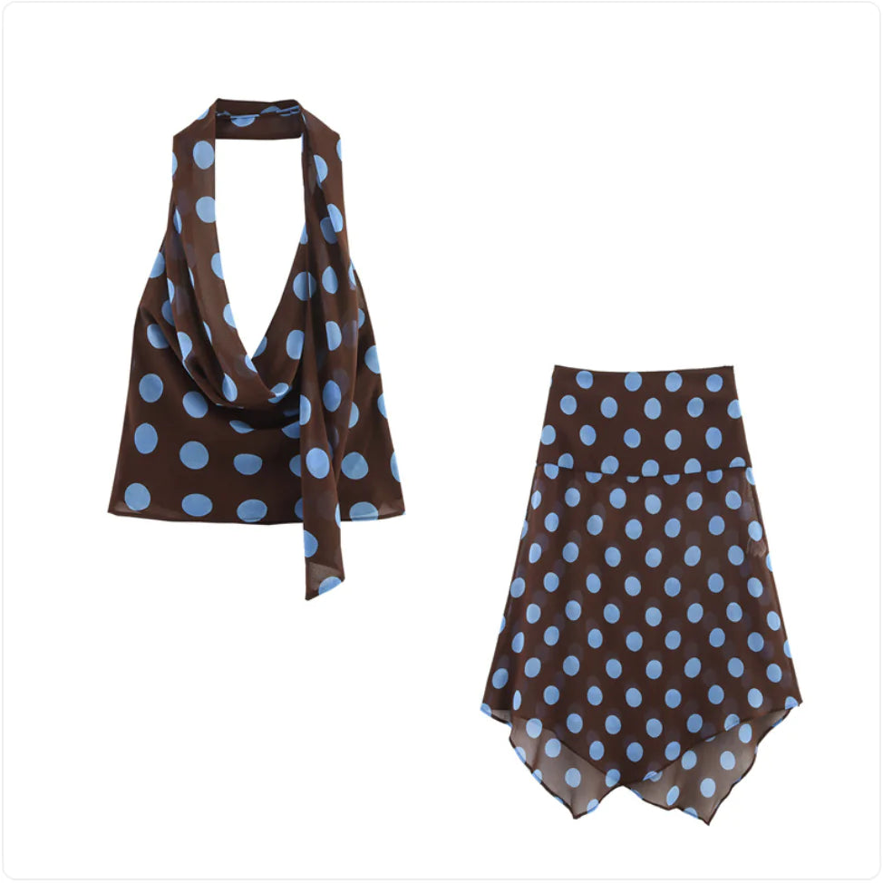 Polka Dot Hanging Collar Top & Asymmetric Skirt Set